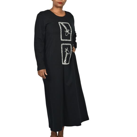 Vintage Cite Giraffe Knit Dress Black Maxi Art To Wear Print Lounge Casual Small - Picture 9 of 14